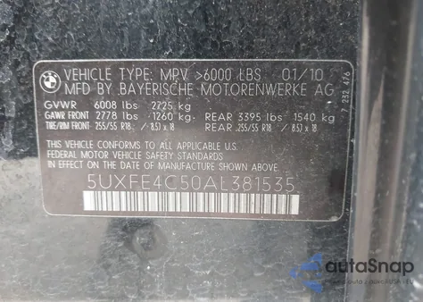 2010 BMW X5 xDrive30I из США, поврежденный, VIN 5UXFE4C50AL381535